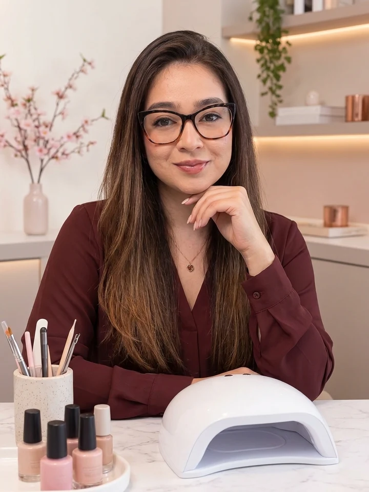 Luana Terumi, nail designer da Terumi Nails, sentada à mesa de trabalho com a cabine de LED e esmaltes